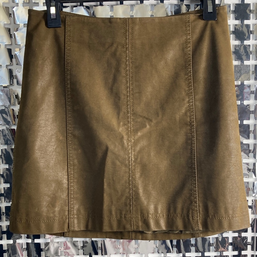 Free People Olive Brown Faux Leather A-Line Mini Skirt